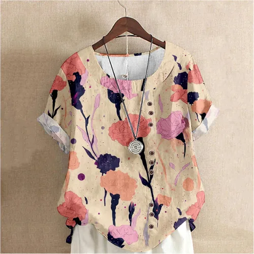 Miniatura 2 de domirica Camisetas de verano para mujer 2024 con estampado de flores, algodón, lino, manga corta, cuello redondo, camisas casuales de moda