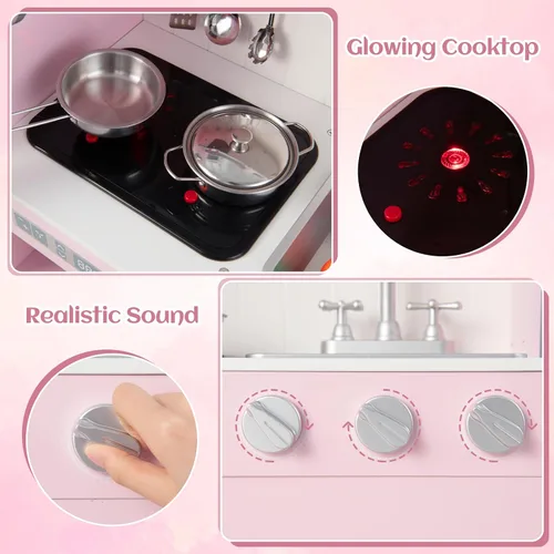 Miniatura 9 de INFANS Juego de cocina de madera para niños, juego de cocina de simulación para niños pequeños con luz y sonido realistas, estufa, fregadero