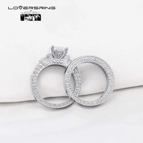 Miniatura 5 de LOVERSRING 3 piezas anillo de pareja nupcial conjuntos de mujeres chapado en oro blanco azul zafiro Cz hombre titanio banda anillo de boda para él