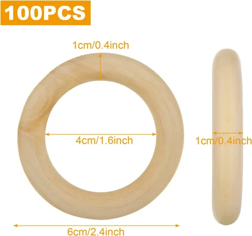 Miniatura 2 de 100 anillos de madera sin terminar de 2.5 pulgadas, anillos de madera natural para manualidades, anillos de macramé de 2.362 in, anillos de madera