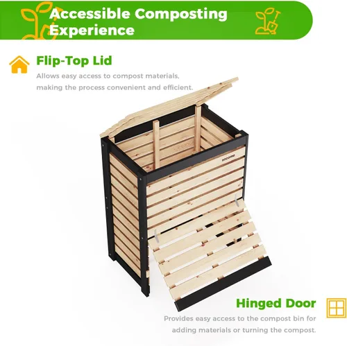 Miniatura 7 de Cubo de Compostaje de 95 Galones de Madera Sólida, Cubo de Compostaje para Exteriores con Puerta Deslizante, Cubo de Compostaje Grande para el Patio