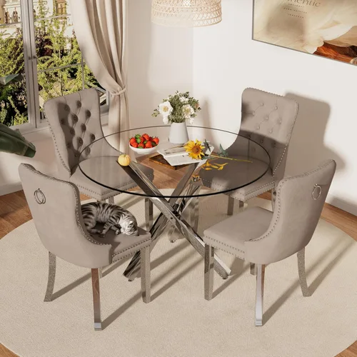 Miniatura 2 de Juego de comedor pequeño redondo de cristal transparente para 4, 39 pulgadas, moderno juego de mesa circular de cocina de mediados de siglo, sillas