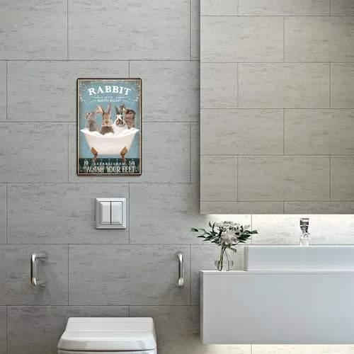 Miniatura 5 de Divertido letrero de metal para decoración de conejo, póster de arte de pared de baño, decoración retro para el hogar, para amantes de los conejos