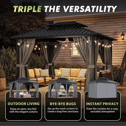 Miniatura 5 de Gazebo de techo rígido de 10 x 12 pies, cenador de aluminio para exteriores con doble parte superior de acero galvanizado, pabellón de metal