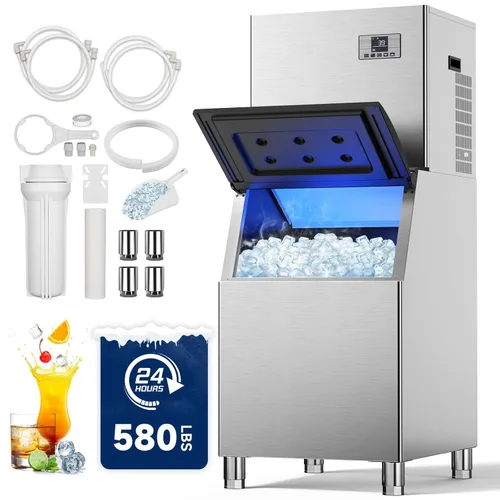 Máquina comercial para hacer hielo de 580 libras/24 horas, contenedor de almacenamiento grande de 380 libras, 210 cubitos de hielo en 5 a 15
