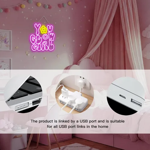 Miniatura 6 de WLHOPE Letrero de neón con luces LED de color rosa para decoración de pared con texto en inglés "You Glow Girl", letreros de luz de neón para B-You