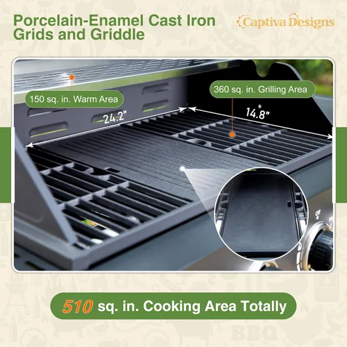 Miniatura 3 de Captiva Designs Parrilla de barbacoa de gas propano de 4 quemadores con quemador lateral y rejillas de hierro fundido esmaltado de porcelana, salida