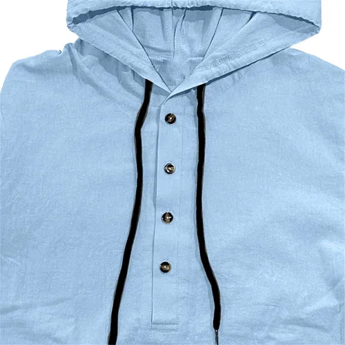 Miniatura 5 de Camisas de algodón y lino para hombre, estilo retro, hippie, guayabera, con capucha, manga larga, cuello en V, con botones, sudaderas con capucha