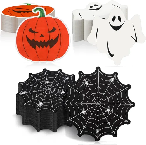 Honoson 120 servilletas de fiesta de Halloween de 13 x 13 pulgadas, servilletas de papel de fantasma blanco de 3 capas de calabaza de Halloween,
