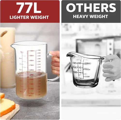 Miniatura 6 de Lallisa Juego de 3 tazas medidoras de vidrio de borosilicato alto con asa en forma de V, 4, 2, 1 taza y 3 escalas (onzas, taza, ml), para cocina