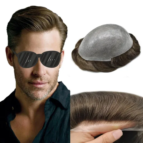 Miniatura 59 de Tupé de piel ultra fina para hombres pieza de cabello humano real sistema de reemplazo 0.002 in Mens Toupee Hairpiece para hombres V-Loop 8x10 80%