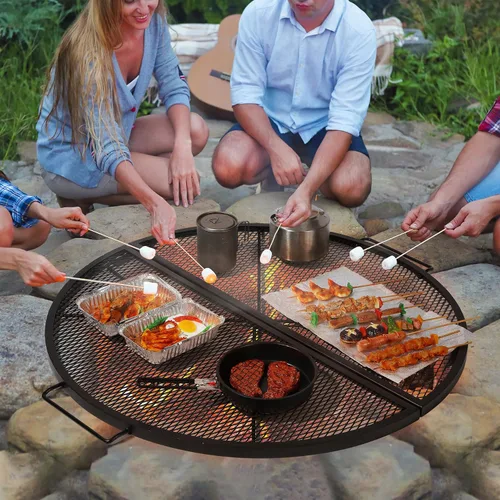 Miniatura 7 de X-Marks Rejilla portátil para fogata y parrilla de cocina, rejilla plegable redonda para fogata de camping, rejilla de parrilla para fogata con asas