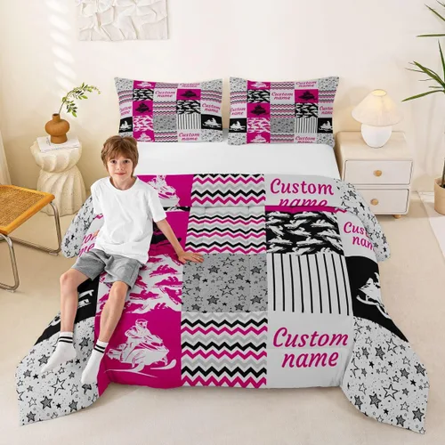 Miniatura 43 de Juego de edredón de softbol personalizado, juego de ropa de cama de retazos a cuadros para niños y niños, edredón de bate de béisbol, juego
