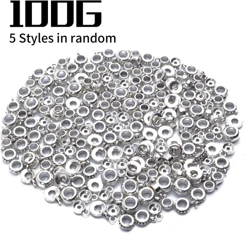 Miniatura 2 de Cuentas de plata tibetana de 3.53 oz (alrededor de 100-150 piezas) para joyería, para collares, pulseras, joyería, 5 estilos