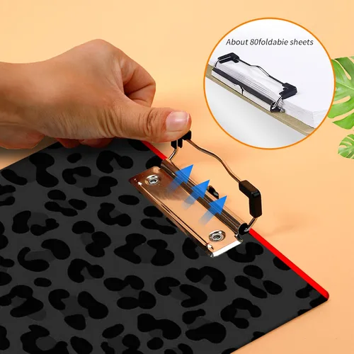 Miniatura 6 de Portapapeles con estampado de leopardo negro con soporte para bolígrafo, tamaño carta A4, lindo portapapeles de plástico con clip de perfil bajo