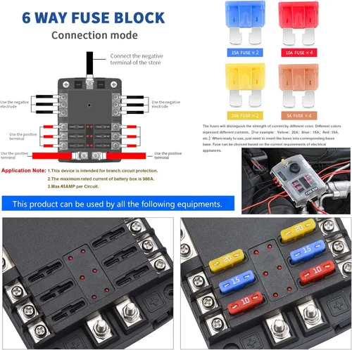 Miniatura 3 de Bloque de fusibles de 6 vías de 12 V con indicador LED, 300/45 A con cubierta antipolvo, terminal positivo individual de 6 vías y portafusibles