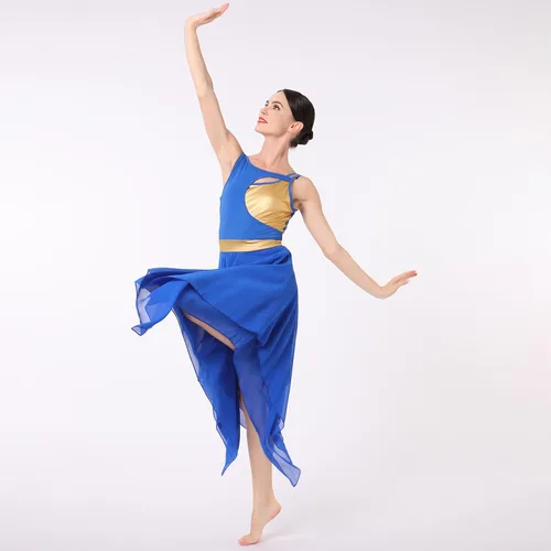Miniatura 4 de AFAVOM Disfraz de baile lírico para mujer, vestido de lentejuelas con flores, falda asimétrica de tul fluida, disfraces de danza contemporánea