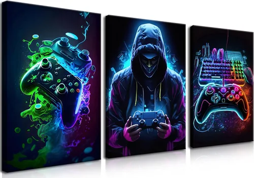 Miniatura 10 de BGFCE Arte de Lienzo de Pared para Gaming, Pinturas de Arte de Controlador de Juego con Salpicaduras de Tinta de Color, Pósteres para Estética