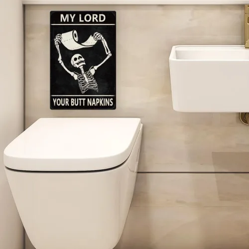Miniatura 6 de Cartel de metal divertido de esqueleto para decoración de baño, diseño retro con texto en inglés «My Lord Your Buttock» para decoración de pared