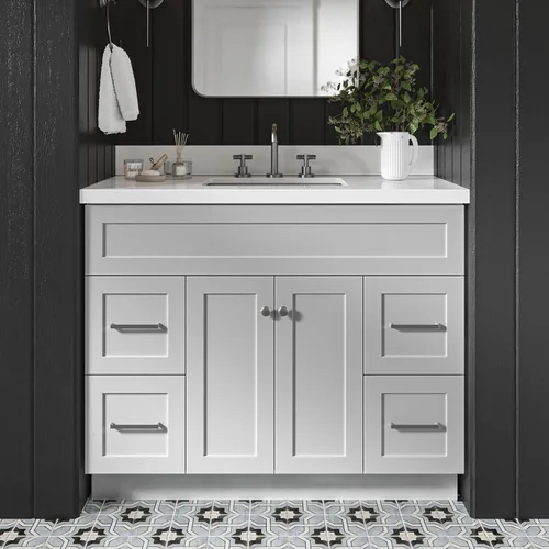 Miniatura 16 de DKB Isabella - Mueble de baño negro de 42 pulgadas con fregadero, lavabo rectangular, encimera de cuarzo blanco puro y protector contra salpicaduras