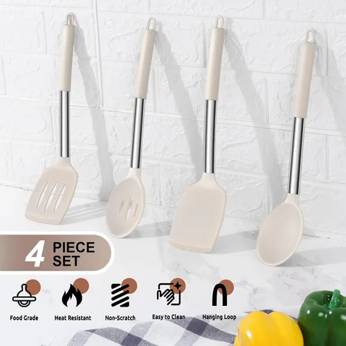Miniatura 3 de E-far - Juego de utensilios de cocina de 4 piezas, utensilios de cocina de silicona para utensilios de cocina antiadherentes, espátula ranurada Caqui