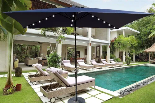 Miniatura 7 de Paraguas solares, sombrillas de patio de 10 x 6.5 pies con 26 luces LED, sombrillas rectangulares para exteriores con manivela y botón de ajuste