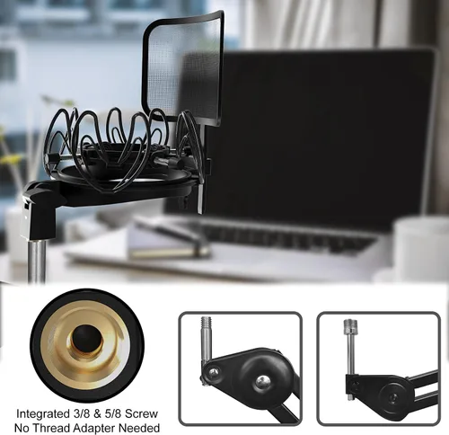 Miniatura 5 de Soporte universal para micrófono con filtro pop para todos los tamaños de micrófonos de 0.827 in-2.441 in, incluye soporte de micrófono Negro