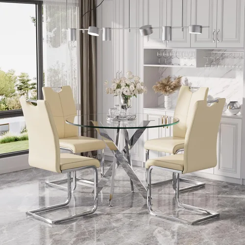 Miniatura 9 de Juego de mesa de comedor redonda moderna de vidrio de 36 pulgadas para 2, mesa de comedor de vidrio con patas cruzadas de metal, mesa de cocina