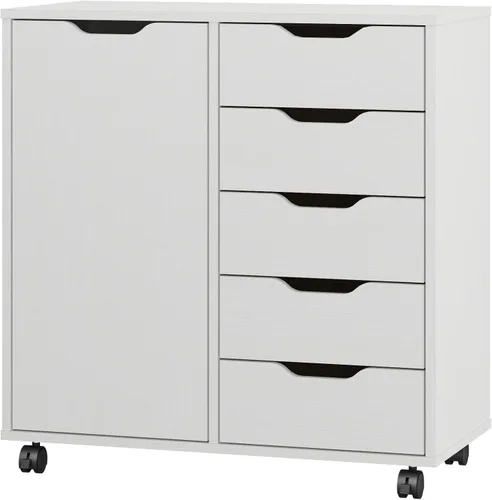 Panana - Cómoda de 5 cajones con 1 puerta, cómoda de madera con cajones y ruedas, gabinete de almacenamiento para oficina y dormitorio, mueble de