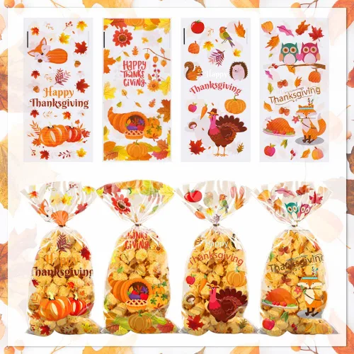 ABTOLS 100 bolsas de celofán de Acción de Gracias, bolsas de celofán de otoño, calabaza, hojas de otoño, pavo, girasol, búho, bolsas de regalo, para