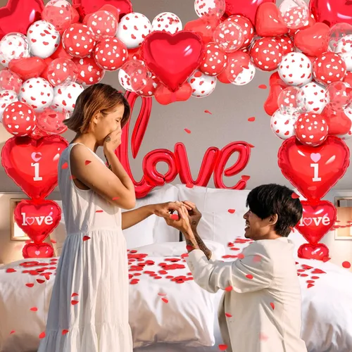 Miniatura 3 de Kit de globos para el día de San Valentín, globos con texto en inglés "I Love You", globos de corazón blanco y rojo, pétalos de rosa para el día