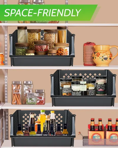 Miniatura 7 de TidyFriend - Paquete de 4 cubos de almacenamiento apilables grandes con frente abierto para organizadores y almacenamiento de despensa, Negro