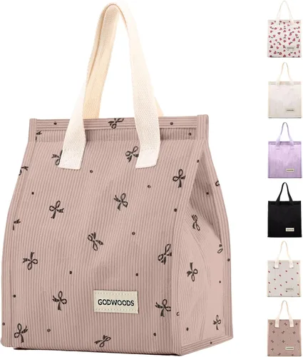 Miniatura 11 de TELLUMO Bolsa de almuerzo de corduroy para mujeres y hombres, linda bolsa de almuerzo con aislamiento y gran capacidad (7.5L), bolsa de almuerzo