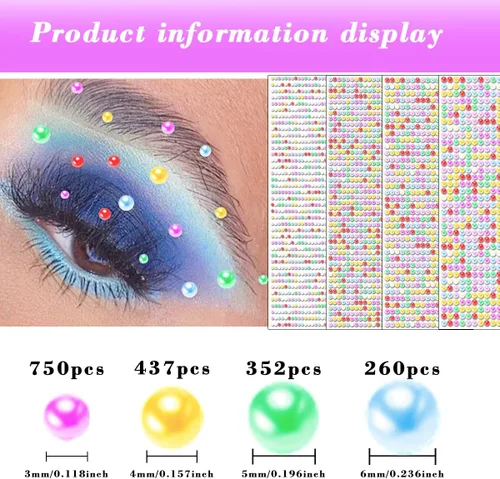 Miniatura 2 de 1799 piezas de 4 hojas de pegatinas de perlas de 3/4/5/6 mm, diamantes de imitación autoadhesivos para maquillaje de cara, ojos, cabello y cuerpo