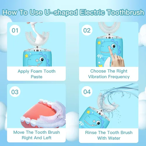 Miniatura 5 de Cepillo de dientes eléctrico en forma de U para niños, dinosaurio sónico, de boca completa, con 4 cabezales de cepillo suave, automático, 6 modos