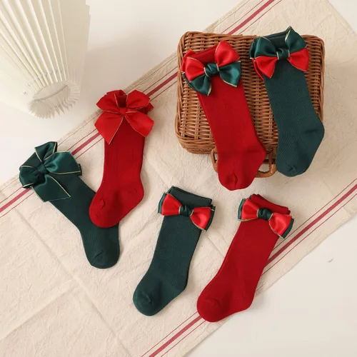 Miniatura 2 de Rarjuiey 2 pares de calcetines de Navidad para bebés y niñas pequeñas, medias de lazo alto hasta la rodilla, calcetines de algodón para recién