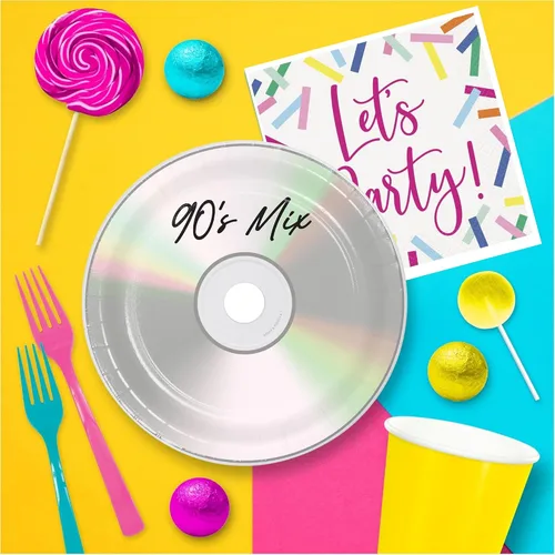Miniatura 7 de Suministros para fiestas de los 90 – Platos redondos de postre de papel con CD de los años 90 y servilletas de confeti "Let's Party