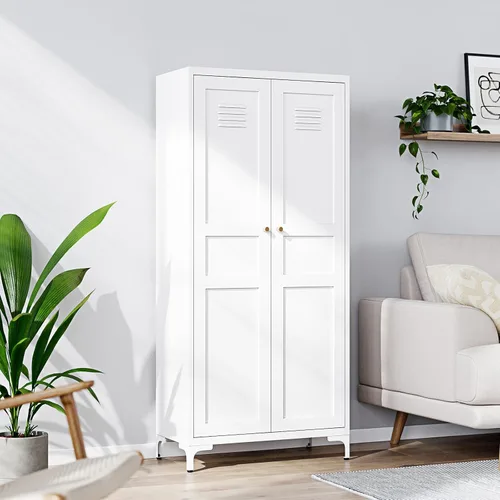 Yizosh Armario de almacenamiento de metal con 2 puertas y 4 estantes ajustables, 61 pulgadas, color blanco, despensa de cocina, 5 niveles de alto,