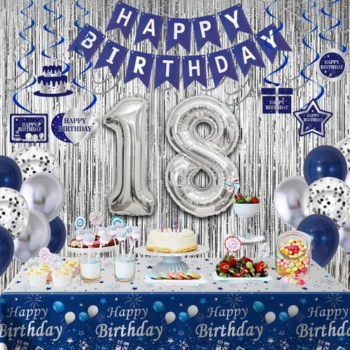 Miniatura 3 de Decoraciones de cumpleaños número 15 para niños y niñas azul plateado, pancarta de decoraciones de feliz cumpleaños número 15, globos de cumpleaños