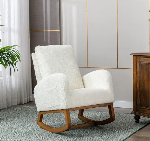 Comfy - Silla mecedora tapizada para guardería o relajación, sillón de sala de estar con respaldo alto, mecedora moderna con bolsillo lateral, color