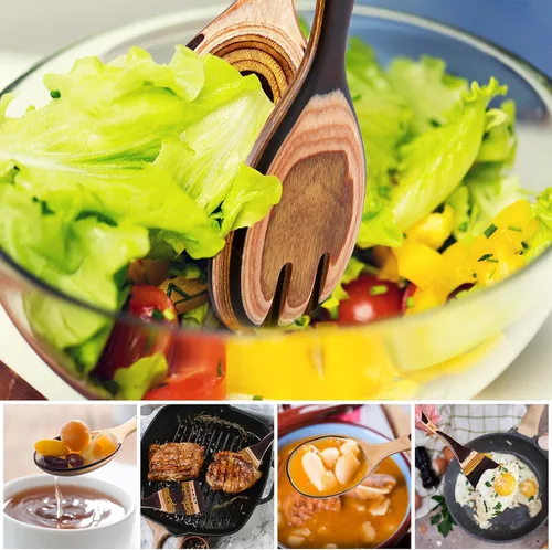 Miniatura 7 de Juego de 7 utensilios de cocina de madera de Pakkawood para cocinar, cucharas de madera para cocinar, seguro, ecológico, antiadherente, utensilios