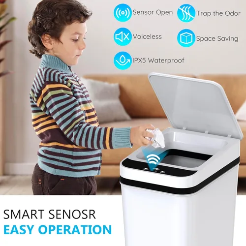 Miniatura 2 de jinligogo Paquete de 3 cubos de basura pequeños para baño con tapa, 2.6 galones, sin contacto, automático, delgado, impermeable, sensor
