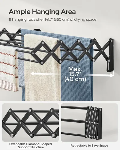 Miniatura 4 de SONGMICS Estante de secado de ropa, estante de secado de ropa montado en la pared, pequeño estante de lavandería acordeón, 9 varillas colgantes