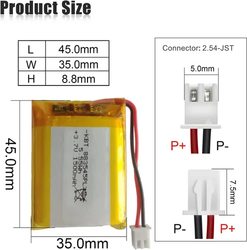 Miniatura 2 de KBT 3.7V 1500mAh Batería de Polímero de Litio: 883545 Baterías Lipo Recargables de Iones de Litio con Conector JST para Placa de Desarrollo Arduino