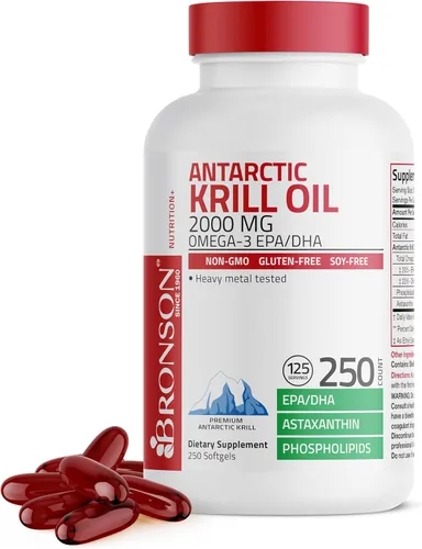 Bronson Aceite de krill antártico 2000 mg con omega-3 EPA, DHA, astaxantina y fosfolípidos, 250 cápsulas blandas (125 porciones)