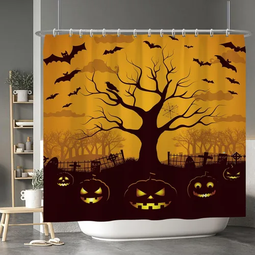 Miniatura 119 de Cortina de ducha de fantasma y gato negro para niños, 36 x 72 pulgadas, espeluznante y bonita, cortina de baño de Halloween con 6 ganchos, cortina