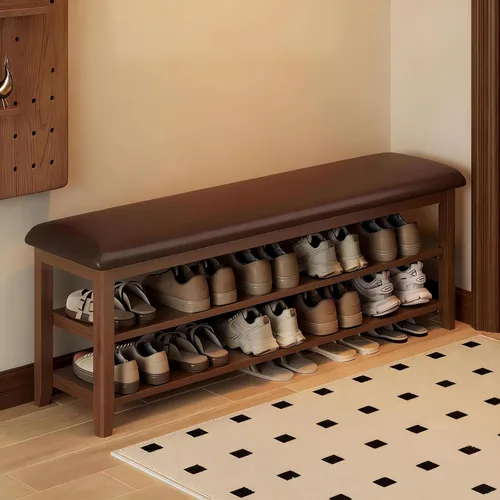 Miniatura 10 de Banco de zapatos con cojín de cuero, banco de entrada de madera maciza rústica con 2 estantes ajustables en altura y extraíbles para pasillo, sala