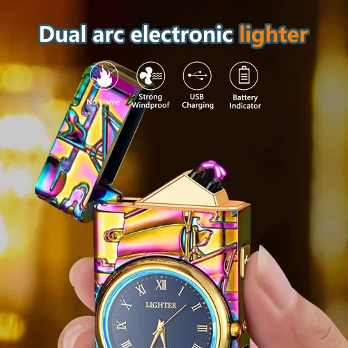 Miniatura 2 de SKRFIRE Encendedor de Arco de Velero - Recargable por USB, Encendedor de Metal Multifuncional con Iluminación LED de Esfera de Reloj Real Brillante
