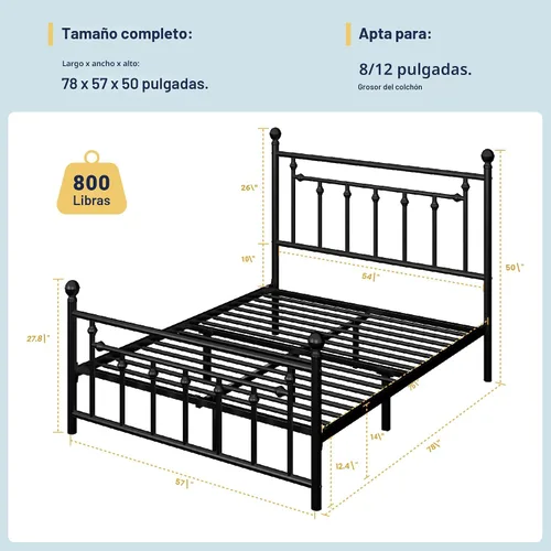 Miniatura 2 de Allewie Base de cama de plataforma de metal de tamaño completo de 14 pulgadas con cabecero y pie de cama vintage victoriano/base de Negro