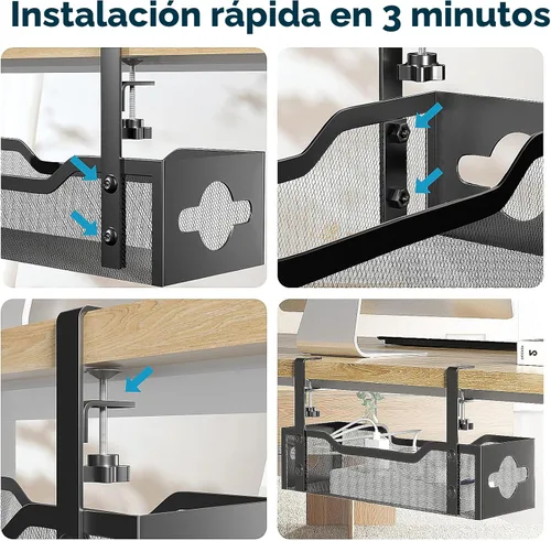 Miniatura 6 de Bandeja de organización de cables para debajo del escritorio, sin taladros, organización de cables de malla metálica debajo del escritorio